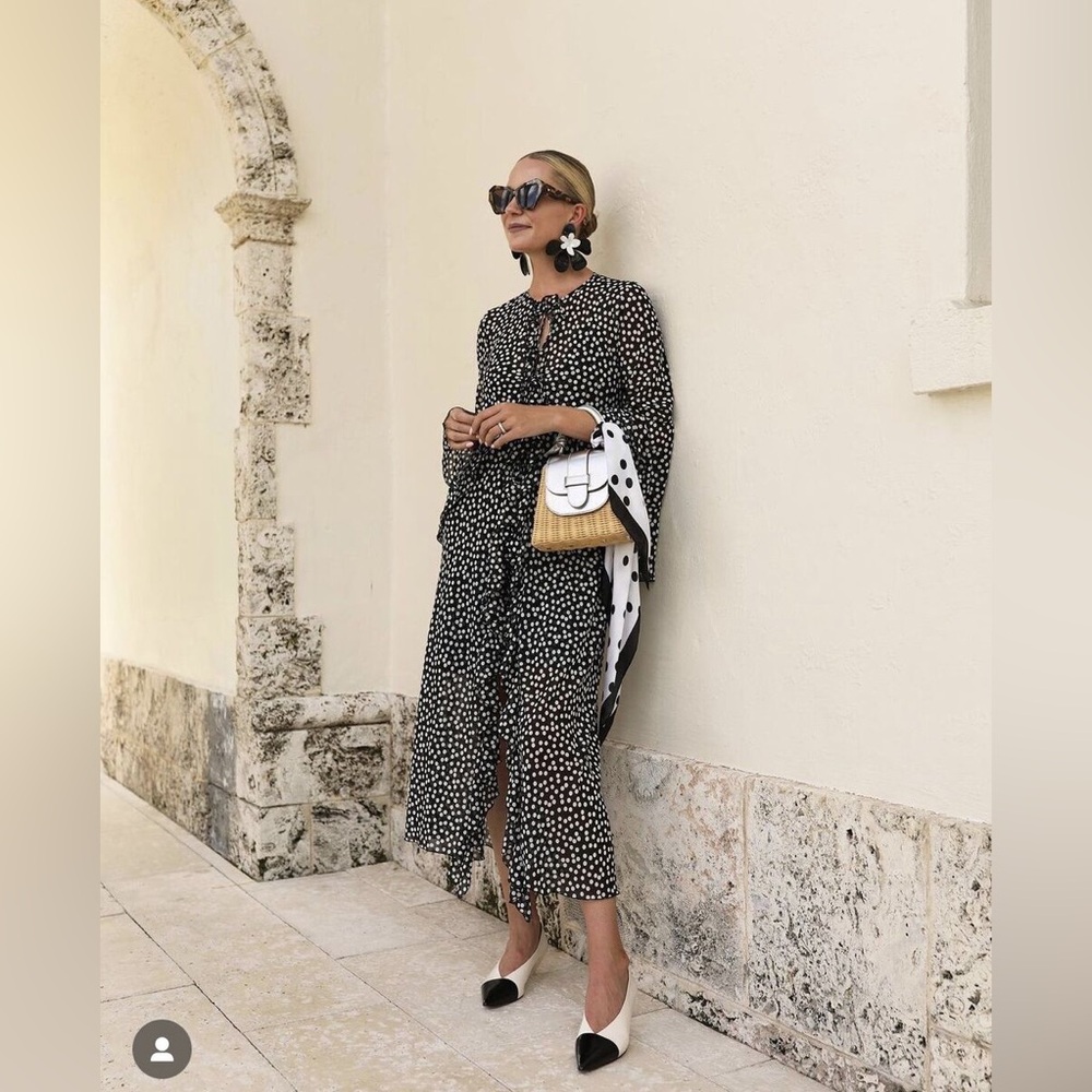Women's Black Polka Dot Midi Dress with Keyhole Neck